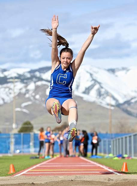 Senator Erica Basa takes off during the long jump competition Saturday at the Jim Frank Track and Field Complex.