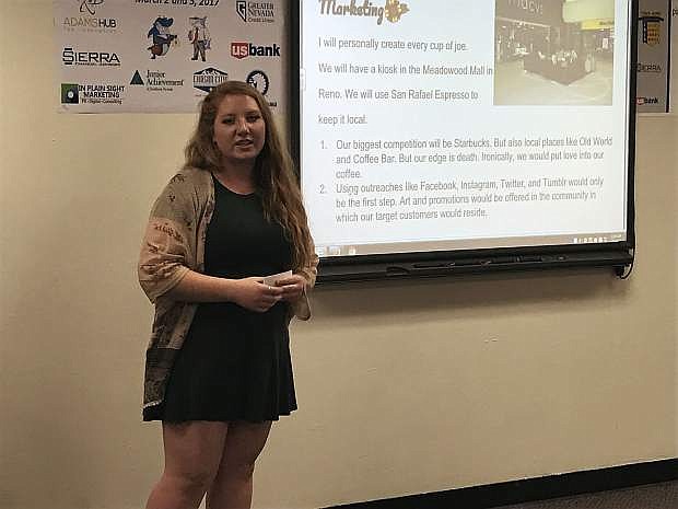 Carson High School senior Kasey Kendall presents her plan for her Killer Coffee business idea Friday during the school&#039;s Shark Tank event.