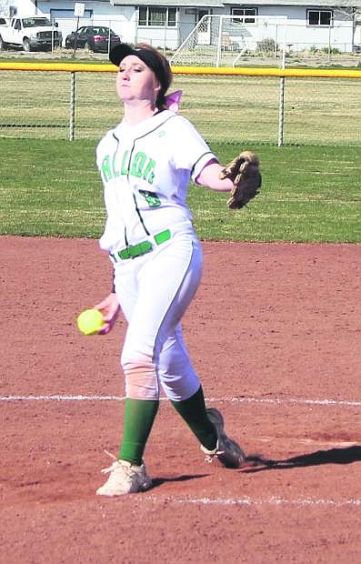 Kayla Buckmaster fires a pitch to one of Fernley&#039;s batters.