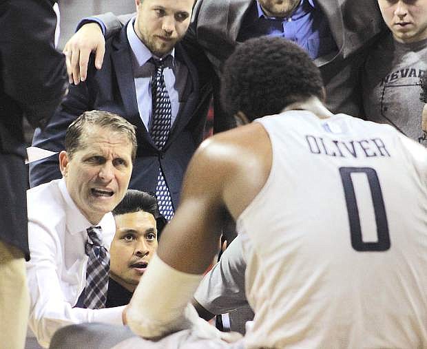 Nevada coach Eric Musselman expresses his displeasure with the Wolf Pack players early in the second half.