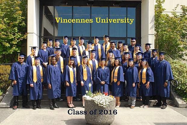 Vincennes University graduates pose upon competion of their programs in 2016 in Bremerton, Wash., at Naval Base Kitsap.