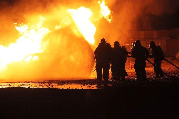 New firefighters face down propane blazes at the Carson City Regional Fire Academy last month.