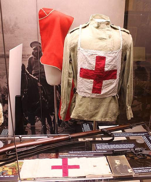 A medic&#039;s uniform is displayed at the World War I National Museum in Kansas City, Mo.