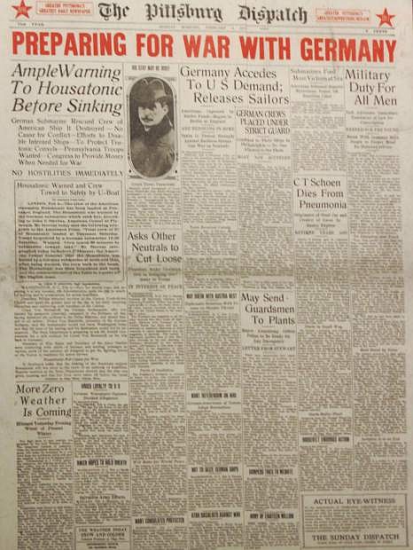 This newspaper headline from February 1917 foretells of the United States&#039; impending involvement in World War I. The newspaper is displayed at the World War I National Museum in Kansas City, Mo.