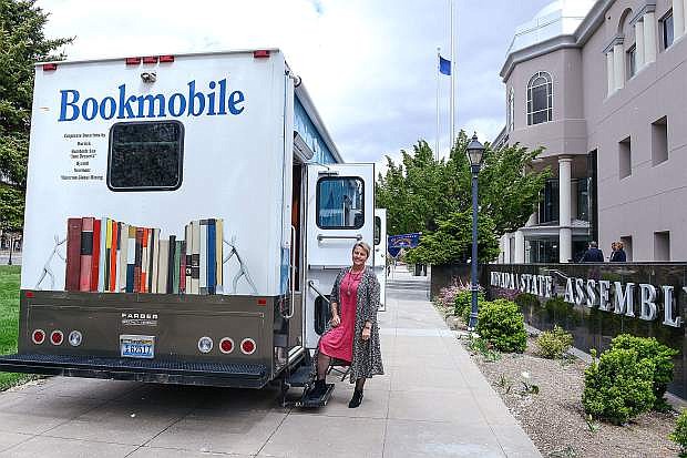 Ginny Dufurrena, who has driven the Humboldt County bookmobile for 17 years, participates in Nevada Library Day at the Legislative Building in Carson City, Nev., on Wednesday, April 12, 2017. More than 22,000 books were circulated through three Bookmobiles in five rural Nevada counties in 2016. Photo by Tim Dunn/Nevada Photo Source