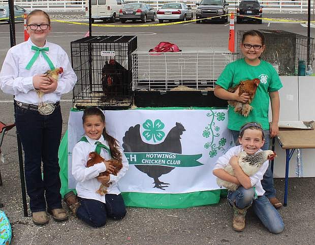 The 4-H Hotwings Chicken Club will be at this weekend&#039;s Churchill County Junior Livestock Show and Sale. Top: Kenadee McKnight and Kalaya Dunn. Bottom: Bailey Prinz and Mackenzie Mills.