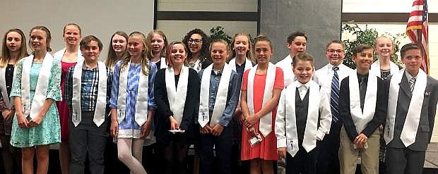 National Junior Honor Society new inductees from left: front row are Cailan Menius-Rash, Jackson Moon, Tylie Norcutt, Kamiah Henning, Jaylee McEwen, Sydney Gusewelle, Brandon Calkins, Taylor Alvarez, Lucas Durfee; back row from left are Macall Brown, Madison Davis, Lily Pinson, Makayla Shawcroft, Teegan Dill, Emmalee Irving, Holden Feest, John Rowe II and Zowie Anderson.