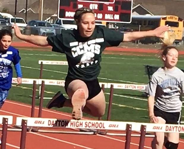 Kambry Thorn vaults a hurdle during an event at Dayton Intermediary School&#039;s track meet.