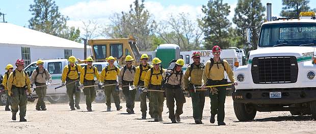 NDF candidates head toward the mock fire line Thursday during training in Washoe Valley.