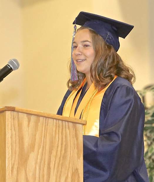 Co-valedictorian Clare Davison makes comparisons of life and running in her speech Saturday at Sierra Lutheran graduation.