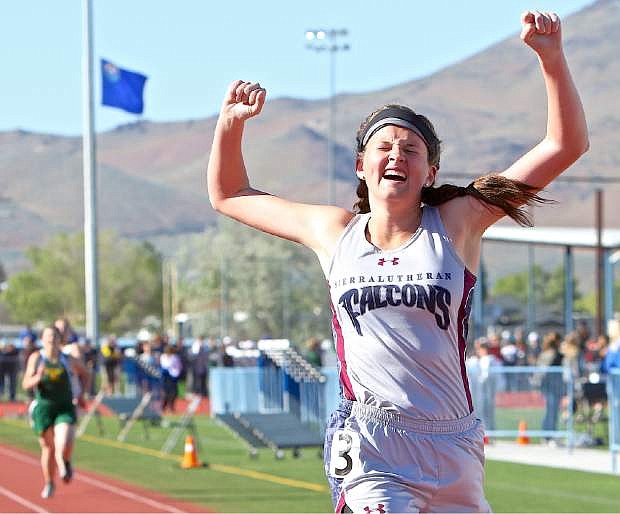 Sierra Lutheran&#039;s Elaina Marchegger wins the A division 1600-meter run Friday at Carson High School.