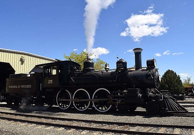 The steam locomotive No. 25 warms up on the tracks at the Nevada State Railroad Museum on May 18. The tracks and grounds damaged by January flooding have been repaired and the museum will resume full activities, including train rides, beginning with the Memorial Day Weekend.