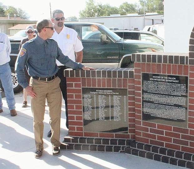 Chris Henning addresses the croud at the dedication of the Fallon/Churchill Volunteer Fire Department&#039;s service memorial.