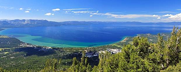 A panoramic view of Lake Tahoe, as seen above the South Shore.