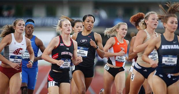 Georgia&#039;s Kendell Williams, center, competes in the heptathlon 1,500 meters on the final day of the NCAA outdoor college track and field championships in Eugene, Ore., Saturday, June 10, 2017. Williams won the heptathlon. (AP Photo/Timothy J. Gonzalez)