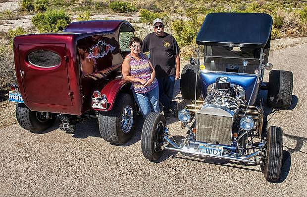 Mary Ann and Gilbert Dixon, of Fallon, pose with their Ford 1923 T-Bucket Delivery and 1923 T-Bucket on Tuesday, June 13, 2017. The Dixons will join T-Bucket enthusiasts from across the country at the T-Bucket Alliance National Convention June 22-24 at Mills Park in Carson City. Photo by Kim Lamb/Nevada Photo Source
