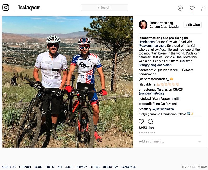 In this screen grab from Lance Armstrong&#039;s Instagram, Armstrong is seen riding in Carson City with fellow rider Payson McElveen on Thursday. 