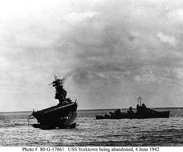 Sailors abandon the USS Yorktown on June 4, 1942.