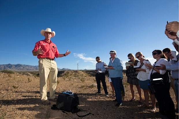 U.S. Interior Secretary Ryan Zinke speaks during a news conference near Gold Butte National Monument in Bunkerville, Nev., Saturday, July 30, 2017. Zinke is touring several national monuments as part of an ongoing review. (Steve Marcus/Las Vegas Sun via AP)
