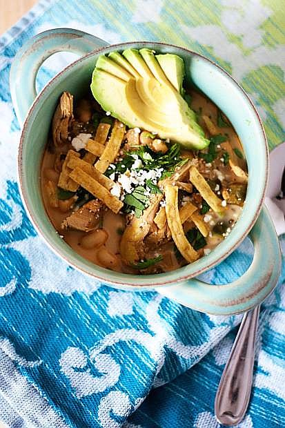 White chicken chili, a dish low in fat and high in protein.