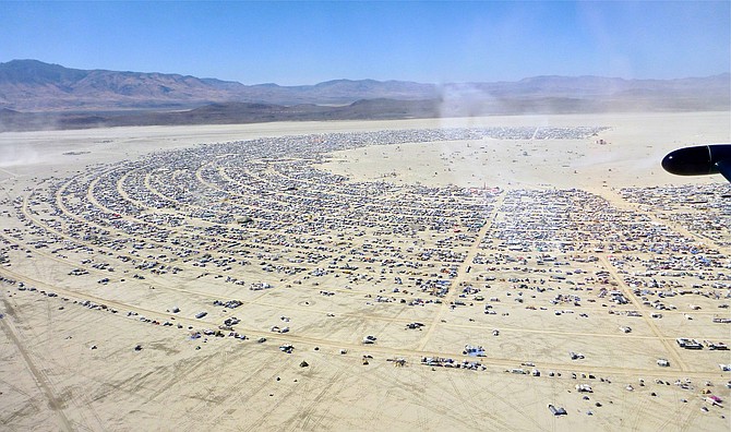 An aerial view of the Burning Man 2012 festival grounds in Black Rock City, Nevada, located about 2 hours north of the Pyramid Lake Paiute Reservation.