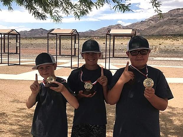 First Place 2017 Nevada Youth Shooting Sports Rookie and All State Team. From left, Colin Homer (2nd Place High Individual), Broden Pirkle (Champion) and Rafe Brown (3rd Place High Individual).