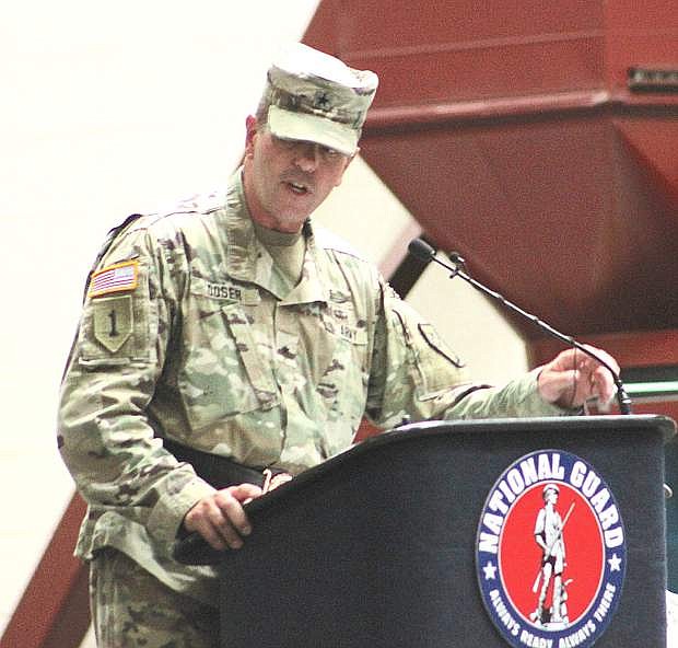 Brg. Gen. Zachary Doser addresses soldiers and guests at Sunday&#039;s change of command ceremony in Reno.