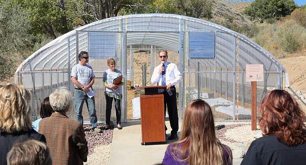 Ed Epperson, CEO and President of Carson Tahoe Health speaks at a ribbon cutting ceremony for the new Hoop House, a greenhouse located behind the Carson Tahoe Cancer Center.