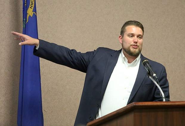 Will Adler, a marijuana industry lobbyist speaks at the Carson City Chamber luncheon on Tuesday.