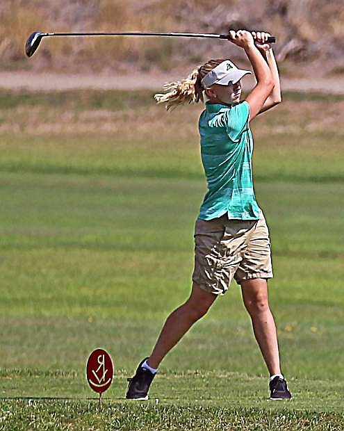 Allison Lister shoots her ball down the course during a two-day tournament in Elko and Spring Creek.