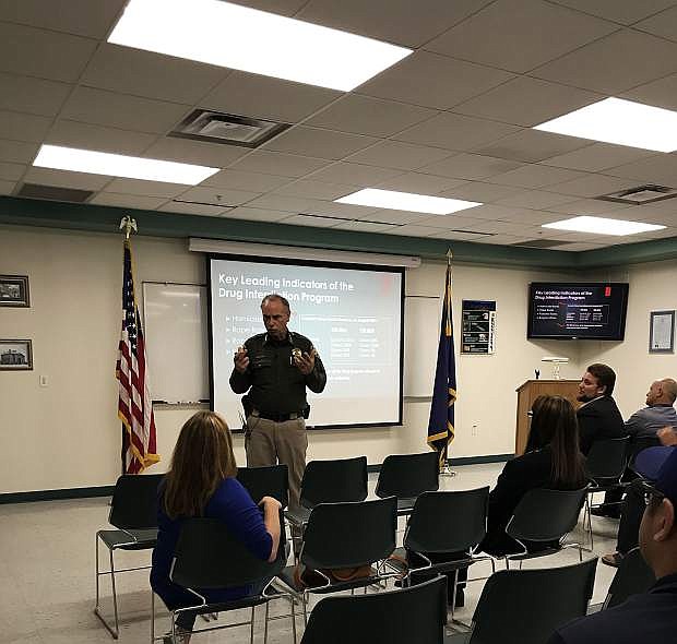 Carson City Sheriff Ken Furlong discusses marijuana during a public forum Thursday night at the Carson City Sheriff&#039;s Office.