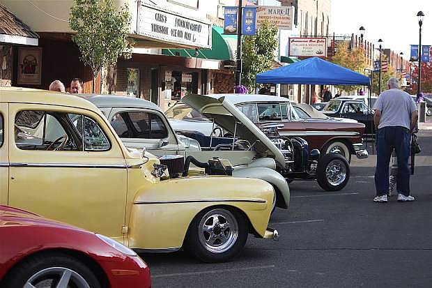 Classic cars line up in front of the Fallon Theater for a show &amp; shine; later in the evening, the theater showed American Graffiti.