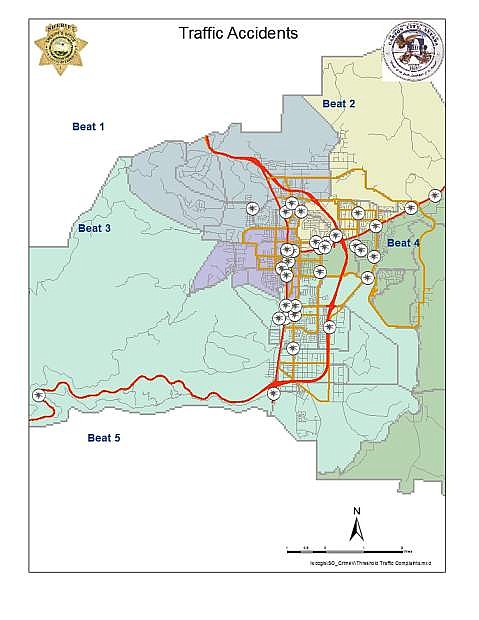 Diagram of the traffic accidents around Carson City over the last two weeks.