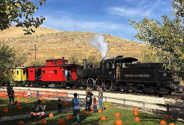 The Nevada State Railroad Museum&#039;s steam locomotive No. 25 carries passengers while kids of all ages enjoy the pumpking patch during the 2016 Harvest Train event at the museum. Photo courtesy of NSRM