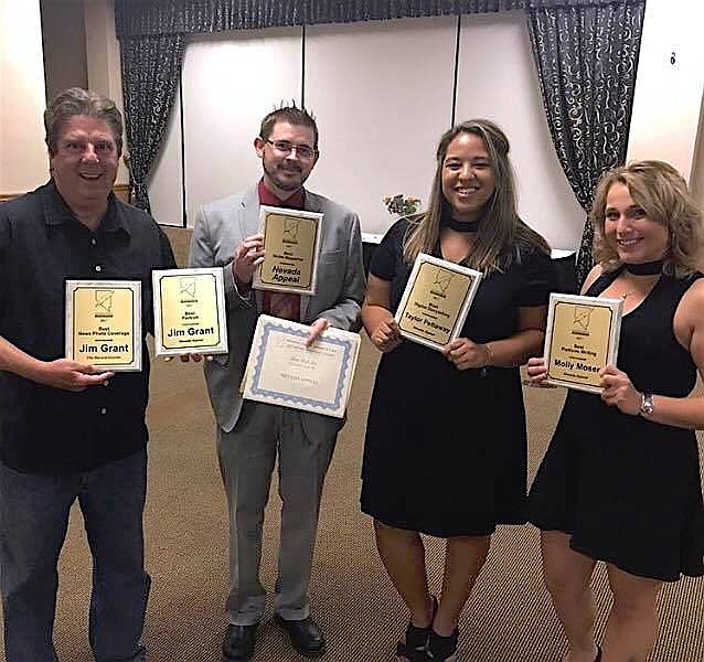 From left, some of the Nevada Appeal winners of Nevada Press Association&#039;s 2017 Better Newspaper Contest: Photographer Jim Grant, Editor Adam Trumble, Reporter Taylor Pettaway, and Content Coordinator Molly Moser. 