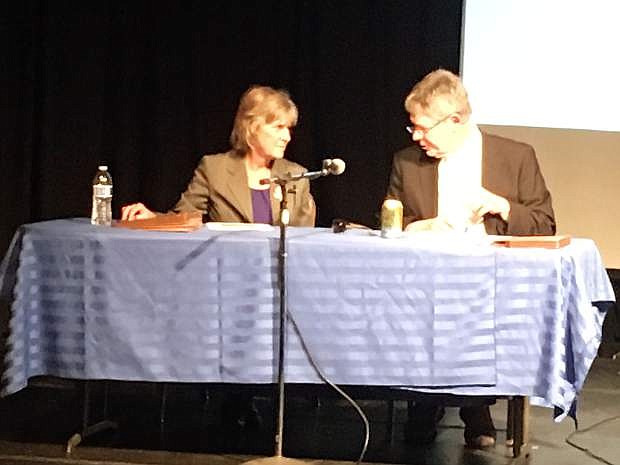 Marta Adams (left) and Robert Halstead led &#039;Yucca Mountain 101,&#039; a Sierra Nevada Forums event, on Tuesday.