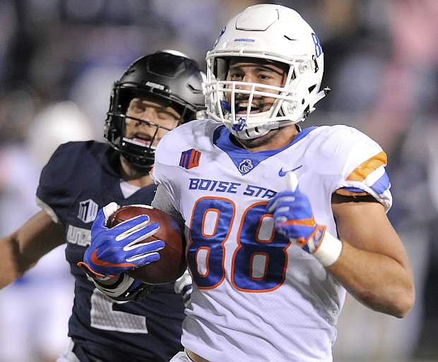 Boise State tight end Jake Roh smiles as he crosses the goal line against Utah State on Oct. 28.