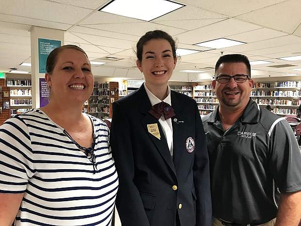 Carson High School CTE instructors and HOSA advisors along with CTE student and HOSA state officer, from left to right, Kelly Gustafson, Victoria Defilippi and Frank Sakelarios.