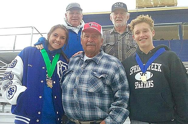 Front, from left, Rheanna Fallini-Jackson of Carson, grandfather Joe Fallini, and William Fallini-Haas of Spring Creek. In the back are Carson coach Pete Sinnott, left, and Ron Lee (Joe Fallini&#039;s Nevada high school running rival from the 1960s).