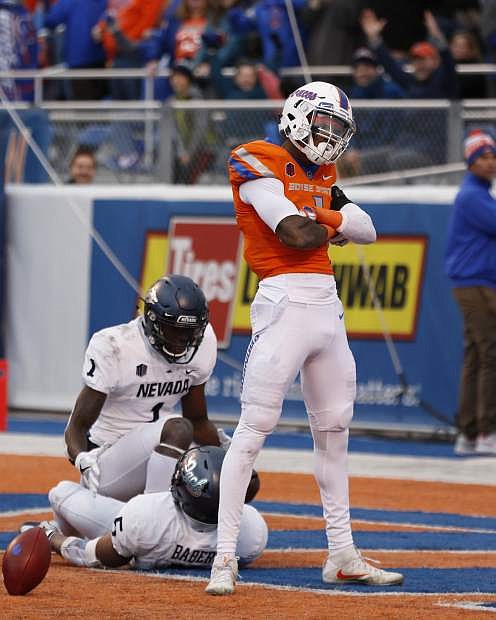 Boise State wide receiver Cedrick Wilson (1) poses after a touchdown during the first half of an NCAA college football game against Nevada in Boise, Idaho, Saturday, Nov. 4, 2017. (AP Photo/Otto Kitsinger)