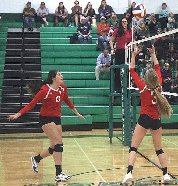 Truckee&#039;s Jordan Brown (3) sets the ball up for Emma Costa when the Wolverines played Fallon. Truckee, which finished first in the Northern 3A, is the state defending champion and a favorite to repeat this year