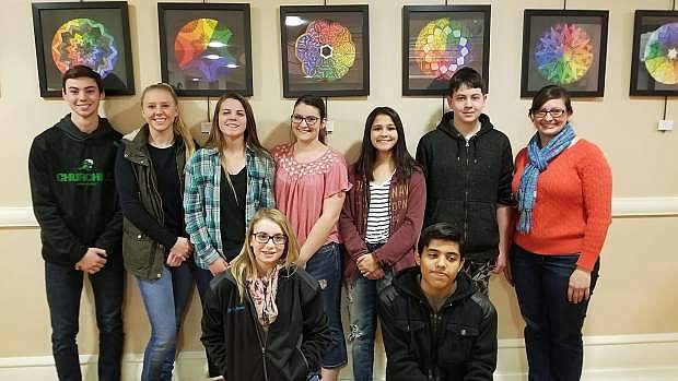 Pictured left to right in the top row is Broder Thurston (12th grade), Jordan Beyer (12 grade), Josey Suess (11th grade), Averie Wood (9th grade), Meeka Erwin (9th grade), Bryce Lockett (9th grade), Ms. Jaime Shafer (art teacher). Bottom row left to right is Jayden Jensen (9th grade) and Christian Jose Andrade (10th grade).