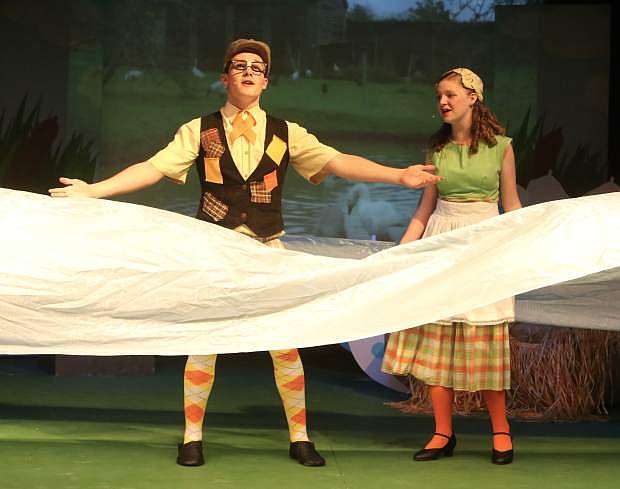 Timothy Winter and Sarah Jongsma rehearse a scene for the musical Honk Jr.
