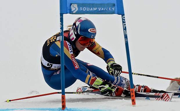 Mikaela Shiffrin, of Eagle-Vail, passes a gate during a World Cup giant slalom in Squaw Valley, California.