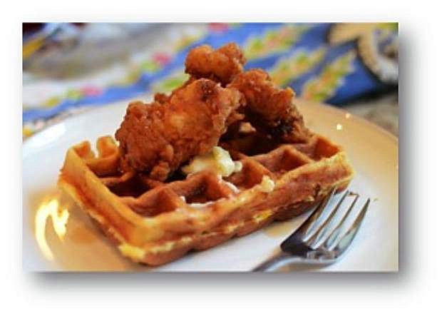 Pancetta pecan waffles, maple blueberry syrup and buttermilk fried chicken tenders by Cynthia Ferris-Bennett.