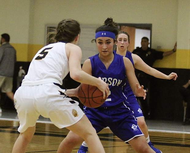 Carson&#039;s Lilian Bouza guards Galena&#039;s Kristin Farrell during Tuesday&#039;s game at Galena.