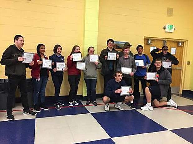 A team of 12 students from Churchill County High School competed in the Northern Nevada Math Council Secondary Math Contest in Reno Feb. 3: Johnny Miller, Zachary Stewart, Johnathan Hernandez, Ben Jamieson, Erin Spaletta, Riley Urena, Jade Beland, Natalie Carrero, Cassie Webb, Alex Perazzo, Thomas Jamieson, and John Solomon.