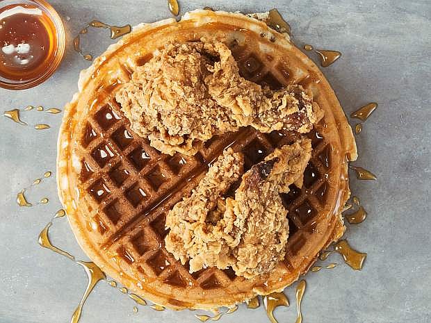 close up of rustic southern american comfort food chicken waffle
