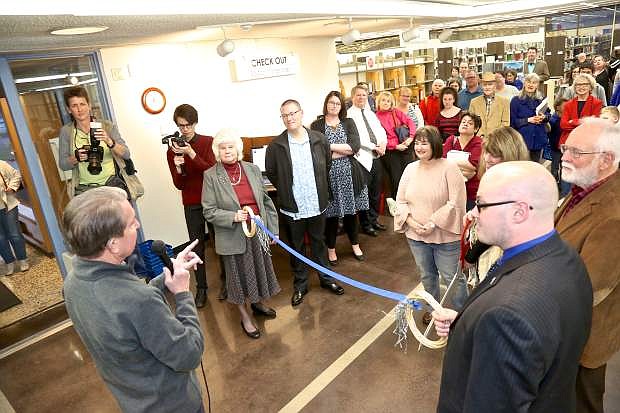 Mayor Bob Crowell addresses the crowd gathered Friday evening at the newly remodeled Carson City Library.