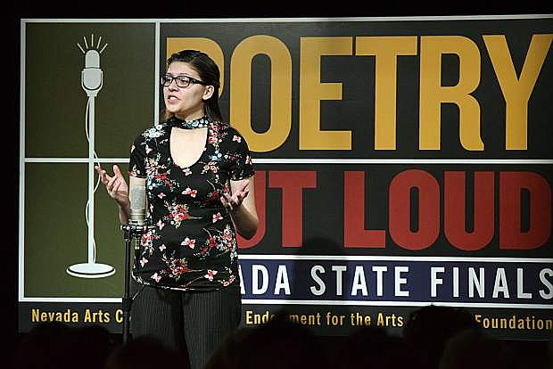 Gabrielle Hunt of Yerington recites a poem at the 2017 Nevada State Finals. Hunt won the competition and represented Nevada at the Poetry Out Loud National Finals in Washington, D.C. Guy Clifton/Travel Nevada
